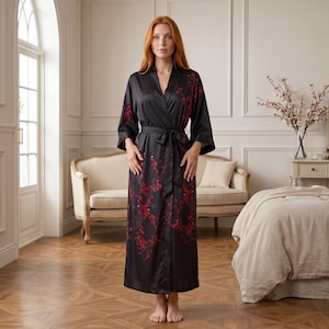 Elegant Women's Black Red Floral Satin Kimono Robe Long Loungewear Bridal Sleepwear Gift Bathrobe