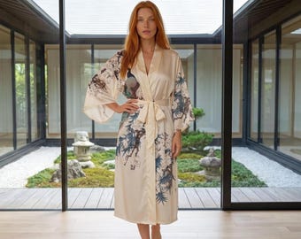 Langer Kimono aus Satin mit Pfauenmuster für Damen, Wickelkleid, Maxikleid, Loungewear, Nachtwäsche, Geschenk für Brautjungfern, Hauskleid, Überwurf
