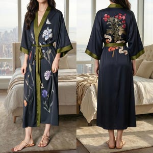 Lång morgonrock i siden och satin med kranmönster, japansk kimono, loungekläder för kvinnor bild 7