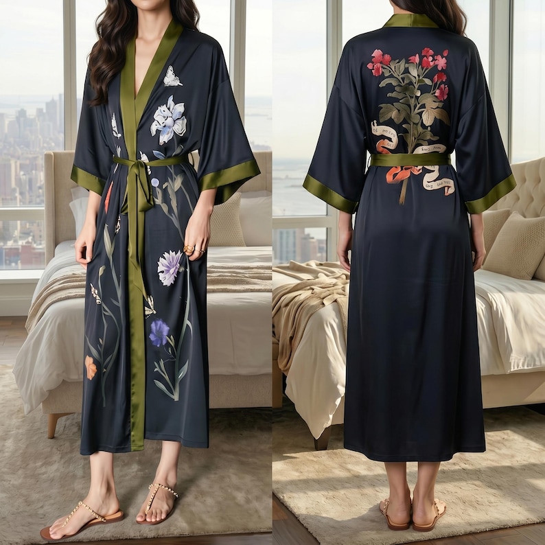 Lång morgonrock i siden och satin med kranmönster, japansk kimono, loungekläder för kvinnor bild 7