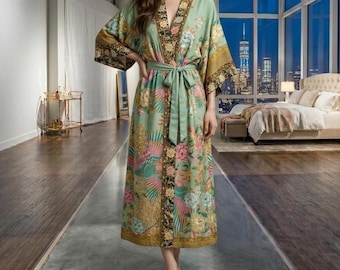 Rayon Boho Kimono, Blommig Påfågelmönstrad Kofta Lounge Morgonrock, Strandmössa för Dam