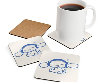 Relaxed Bunny with Headphones Cork Coaster Pack of 4 | Cute Cartoon Audio Design