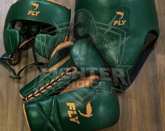 Professionelles Fliegenboxen-Set Sparring Und Trainingsgeräte Rindsleder Grün & Gold Schnürsenkel Handschuhe