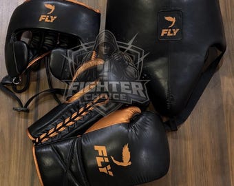 Pro Fly Boxen Set Rindsleder Schwarz & Gold Sparring Boxhandschuhe Schnürer
