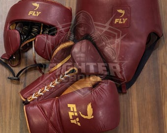 Conjunto de boxe profissional Fly, equipamento para sparring e treino, luvas de couro bovino com cadarços.