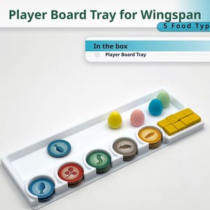 May include: A white plastic player board tray for the board game Wingspan, featuring five circular slots for food tokens and a rectangular compartment for yellow cubes. The tray holds stacks of round tokens with fish, berry, invertebrate, rodent, and seed icons, plus four small oval eggs in yellow, pink, blue, and light green.