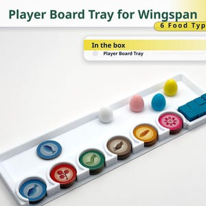 May include: A white plastic player board tray for the board game Wingspan, featuring dedicated circular slots for six food token types, a rectangular compartment for blue cubes, and space for four miniature eggs in white, pink, blue, and yellow.