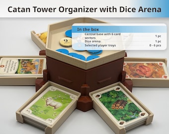 Catan Tower Organizer with Dice Arena, Modular Card Holder, Player Trays