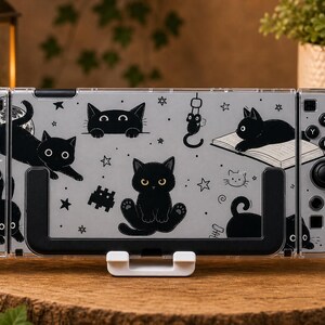 Custom Black Cat Doodle Case for Switch, OLED, Lite and Switch 2, Clear Hard Shell Cover, Cute Playful Kitty Console Skin