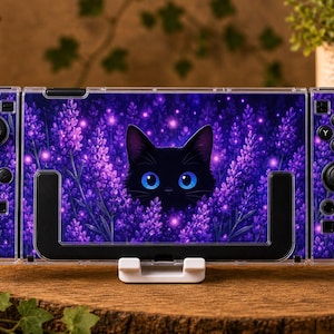 Custom Black Cat Lavender Field Case for Switch, OLED, Lite and Switch 2, Clear Hard Shell Cover, Blue Eyes Kawaii Console Skin