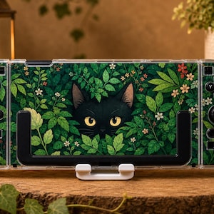 Custom Black Cat Floral Case for Switch, OLED, Lite and Switch 2, Clear Hard Shell Cover, Cute Garden Leaves Console Skin