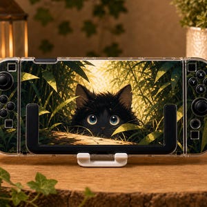 Custom Black Cat Bamboo Case for Switch, OLED, Lite and Switch 2, Clear Hard Shell Cover, Cute Glowing Forest Console Skin