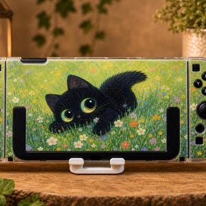 Custom Black Kitten Meadow Case for Switch, OLED, Lite and Switch 2, Clear Hard Shell Cover, Cute Wildflower Console Skin