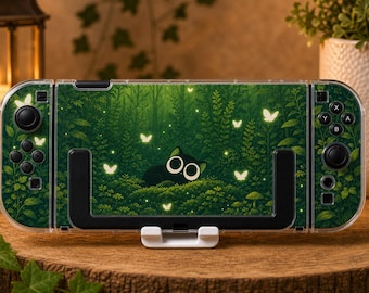 Custom Black Cat Forest Case for Switch, OLED, Lite and Switch 2, Clear Hard Shell Cover, Cute Firefly Butterfly Console Skin