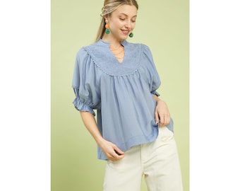 Smocked Yoke Blouse with Ruffle Sleeves