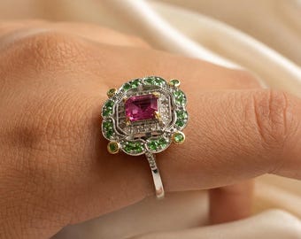 Ruby Emerald Ring | Art Deco Statement Ring | 925 Sterling Silver Vintage Cocktail Ring | Handmade Pink Ruby Green Emerald Ring | Gift