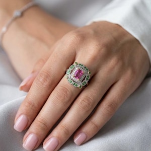Natural Ruby Statement Ring, Red Ruby Cocktail Ring, Vintage Inspired Gemstone Ring, July Birthstone Jewelry, Green Gemstone Accent Ring