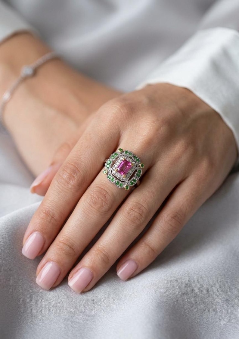 May Include - Natural Ruby Statement Ring, Red Ruby Cocktail Ring, Vintage Inspired Gemstone Ring, July Birthstone  Jewelry, Green Gemstone Accent Ring, Gift