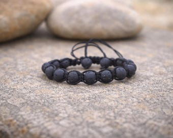 Pulsera de piedra de lava negra para hombre / Pulsera ajustable de macramé con cuentas para hombre / Pulsera de piedras preciosas naturales / Regalo de joyería protectora y curativa