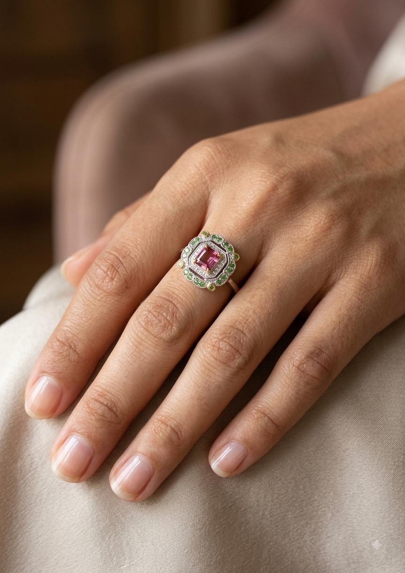May Include - Natural Ruby Statement Ring, Red Ruby Cocktail Ring, Vintage Inspired Gemstone Ring, July Birthstone  Jewelry, Green Gemstone Accent Ring, Gift