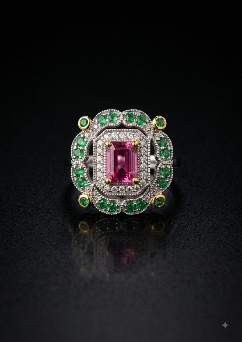May Include - Natural Ruby Statement Ring, Red Ruby Cocktail Ring, Vintage Inspired Gemstone Ring, July Birthstone  Jewelry, Green Gemstone Accent Ring, Gift