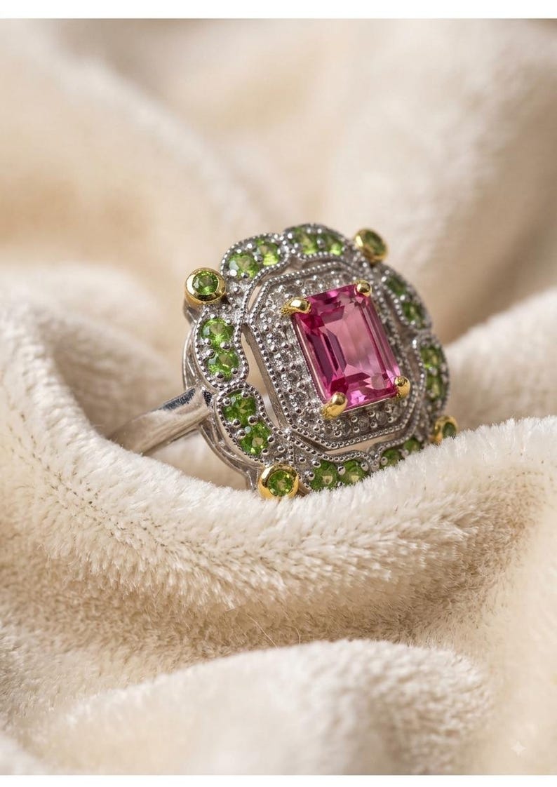 May Include - Natural Ruby Statement Ring, Red Ruby Cocktail Ring, Vintage Inspired Gemstone Ring, July Birthstone  Jewelry, Green Gemstone Accent Ring, Gift