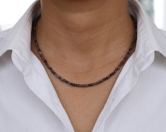Black Moonstone Beaded Necklace, 4mm Natural Gemstone Necklace, Minimalist Black Crystal Jewelry for Men and Women