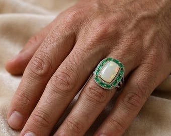 Natural Ethiopian Opal and Emerald Halo Ring | Cushion Cut Opal Statement Ring | October Birthstone | Vintage Style Gemstone Ring for Men
