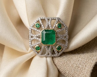 Men's Emerald Statement Ring, Green Emerald Gemstone Ring for Men, Bold Vintage Cocktail Ring, Masculine Green Stone Ring, Gift for Him