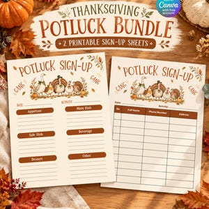 May include: Two printable Thanksgiving potluck sign-up sheets featuring illustrations of turkeys and geese. The sheets include headers for date and activity, with sections for appetizers, main dishes, side dishes, beverages, desserts, and contact information.