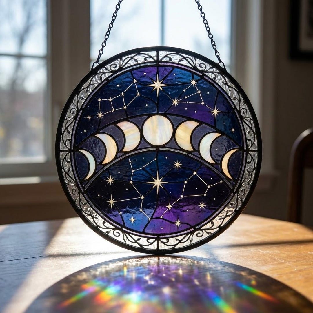Moon Phases Stained Glass Suncatcher, Lunar Cycle Window Hanging ...