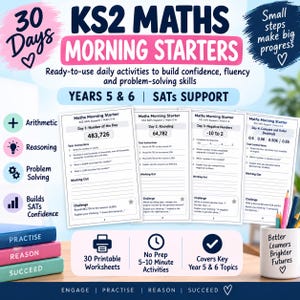 Könnte beinhalten: Ein Set aus 30 druckbaren KS2 Maths Morning Starters Arbeitsblättern für die Klassen 5 und 6 mit täglichen Aufgaben zu Arithmetik, logischem Denken und Problemlösung, einschließlich Übungen zu Rundungen und Dezimalzahlen.