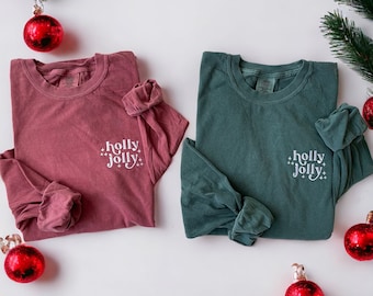 Holly Jolly Embroidered Adult Long Sleeve Shirt // Christmas Embroidered Shirt