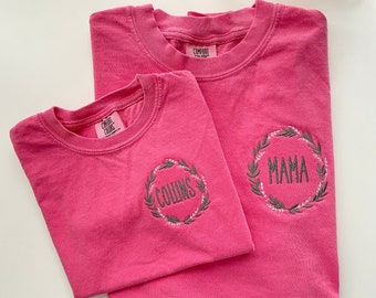 Floral Greenery Matching Mama and Kids Embroidered Adult T-Shirt // Mama Shirt // Grandma Shirt // Comfort Colors Embroidered Shirt