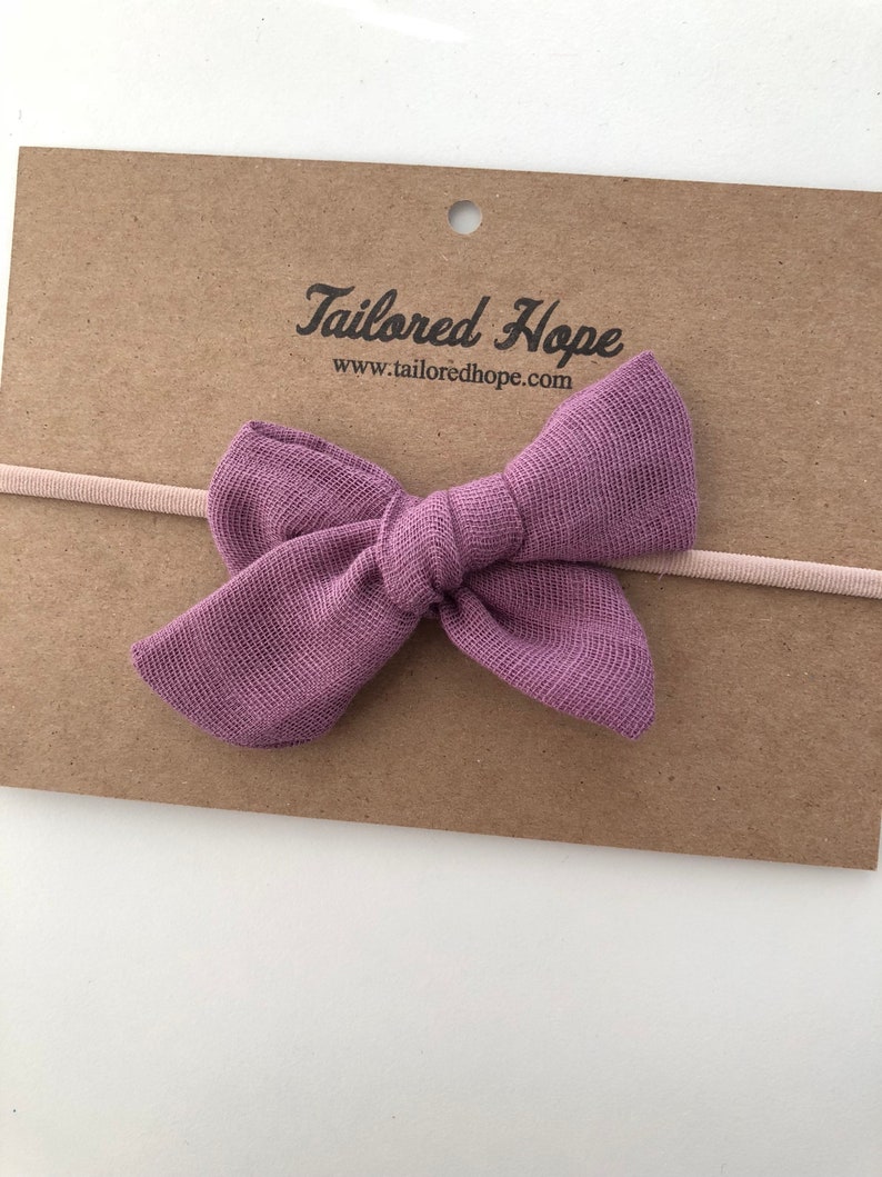 Nylon Headband or Clip In Dusty Violet Newborn to Child Double Gauze Baby Bow