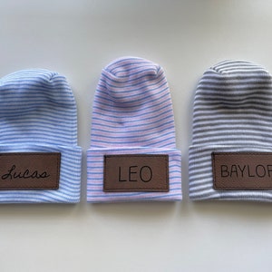 Hospital Size Newborn Baby Personalized Faux Leather Patch Beanie // Name Beanie // Laser Engraved image 10