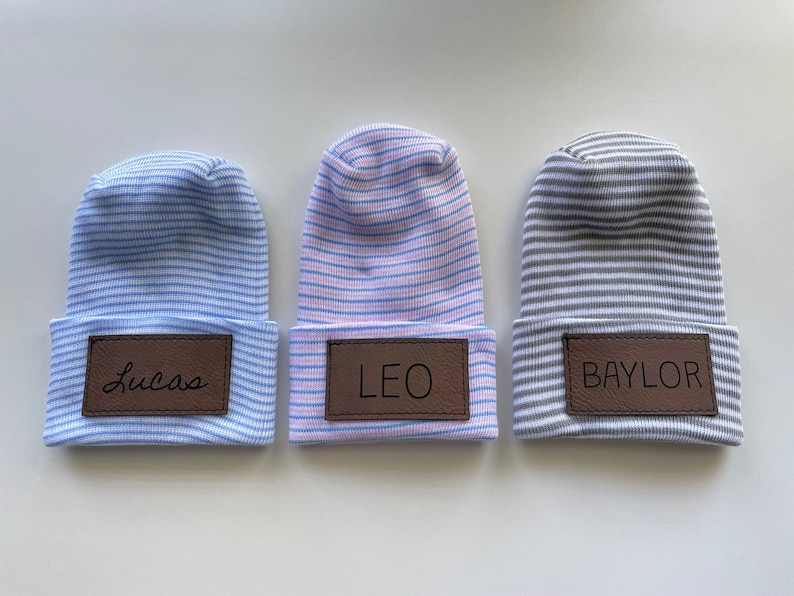 Hospital Size Newborn Baby Personalized Faux Leather Patch Beanie // Name Beanie // Laser Engraved image 10