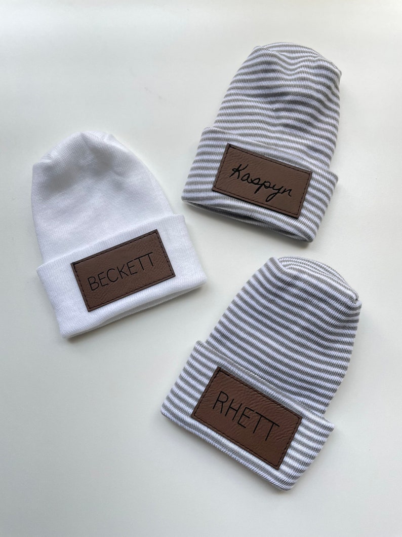 Hospital Size Newborn Baby Personalized Faux Leather Patch Beanie // Name Beanie // Laser Engraved image 9