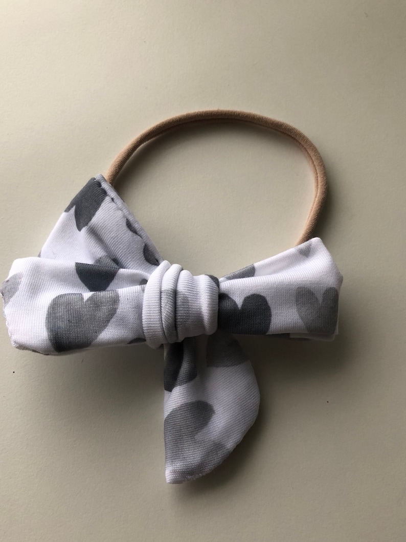 Fabric Baby Bow Nylon Headband or Clip In Newborn to Child Large Shaded Grey Hearts