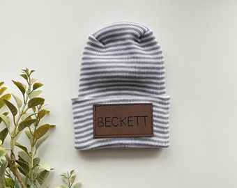 Hospital Size Newborn Baby Personalized Faux Leather Patch Beanie // Name Beanie // Laser Engraved