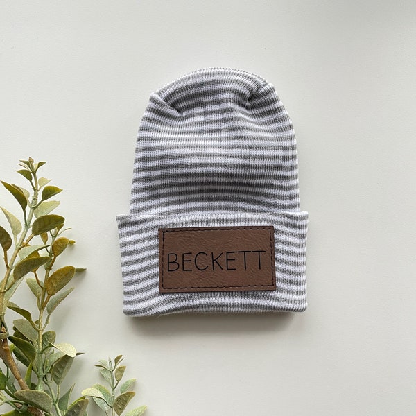 Hospital Size Newborn Baby Personalized Faux Leather Patch Beanie // Name Beanie // Laser Engraved