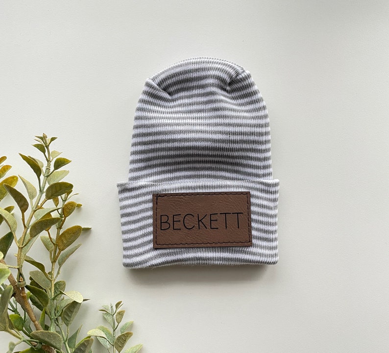 Hospital Size Newborn Baby Personalized Faux Leather Patch Beanie // Name Beanie // Laser Engraved image 1