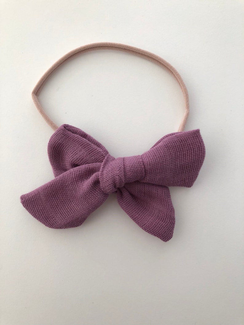 Nylon Headband or Clip In Dusty Violet Newborn to Child Double Gauze Baby Bow
