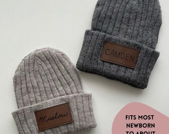 Newborn Baby Personalized Faux Leather Patch Beanie // Name Beanie // Laser Engraved