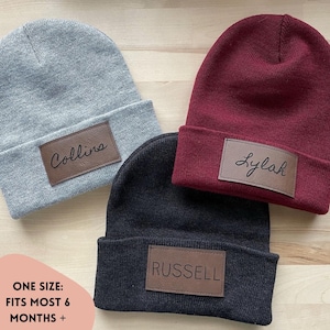 Personalized Faux Leather Patch Beanie // Name Beanie // Laser Engraved