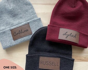 Personalized Faux Leather Patch Beanie // Name Beanie // Laser Engraved