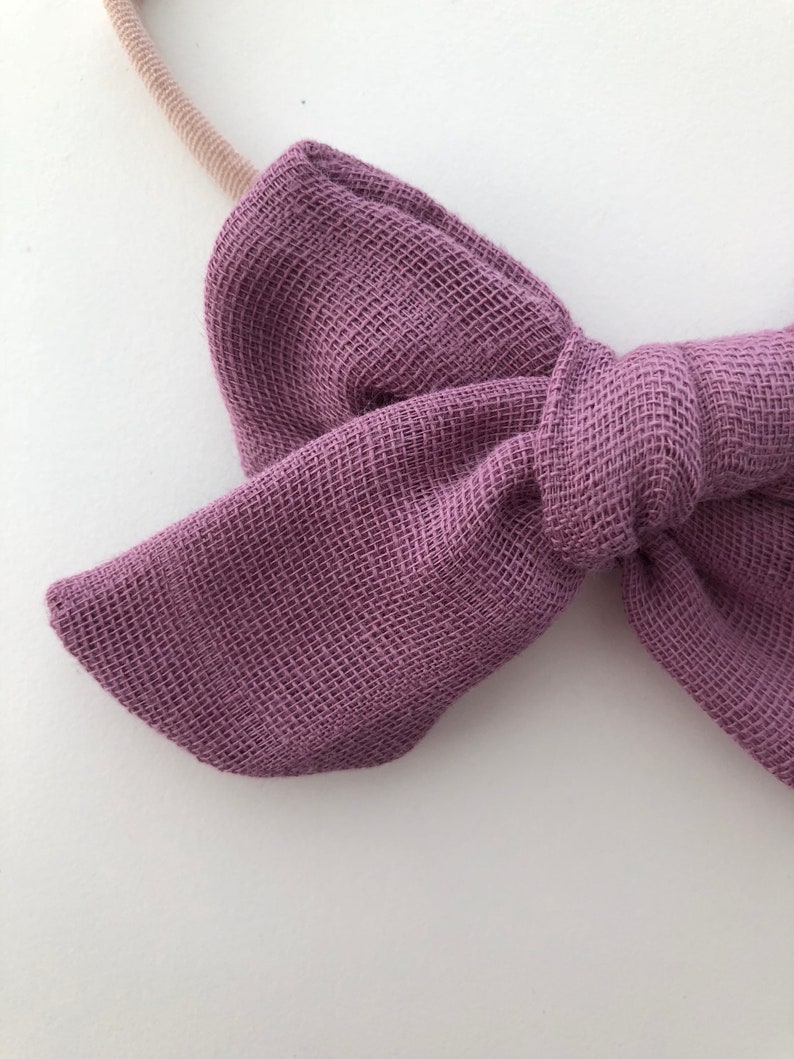 Nylon Headband or Clip In Dusty Violet Newborn to Child Double Gauze Baby Bow