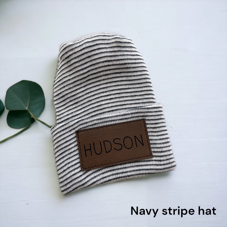 Hospital Size Newborn Baby Personalized Faux Leather Patch Beanie // Name Beanie // Laser Engraved image 5