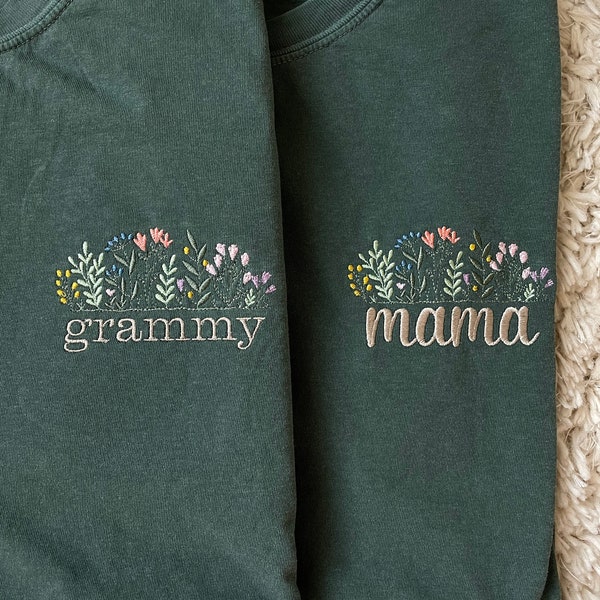 Floral Mama Embroidered Adult T-Shirt // Mama Shirt // Grandma Shirt // Comfort Colors Embroidered Shirt