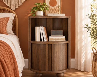Round Corner Nightstand | Walnut Wood Fluted Side Table | Curved 2-Tier Open Shelf Bedside Table | Small Space Accent Table